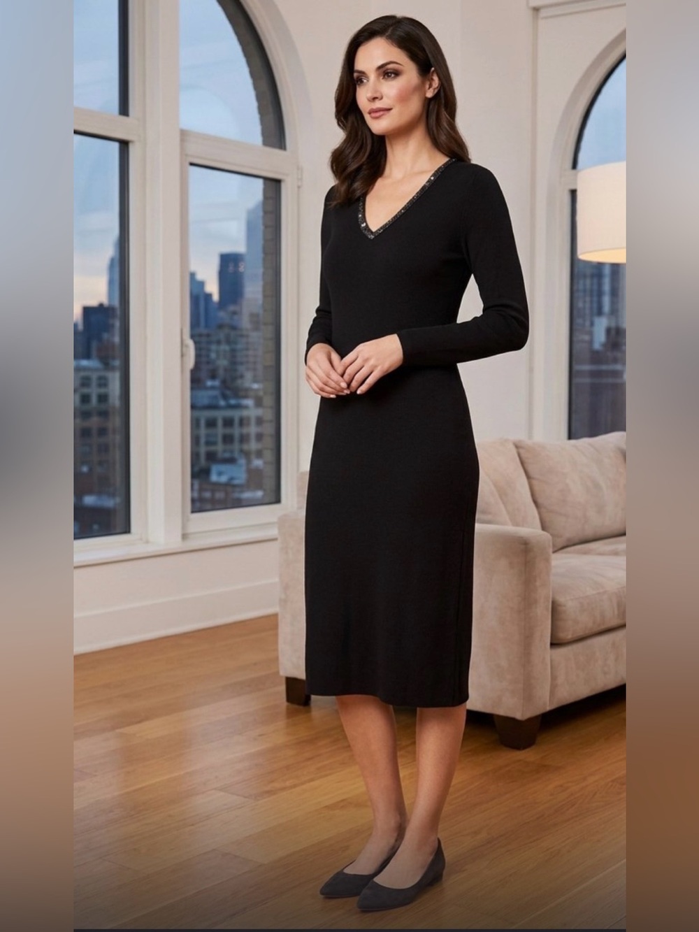 Ralph Lauren Vintage Black Silk Cotton Knit SequinV-Neck Sweater Dress M Luxury